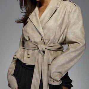 MISSGUIDED Faux Leather Trench Coat Belted Cropped Short Style Fashion Double